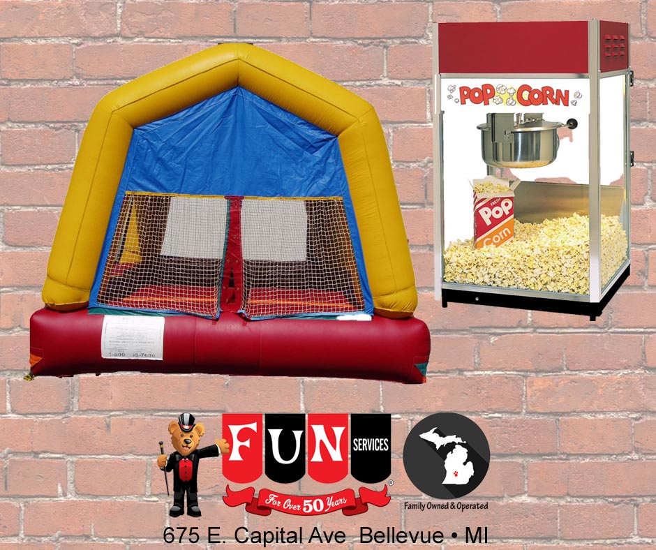 Backyard party rental bounce house concession popcorn cotton candy sno kone inflatables tents tables chairs